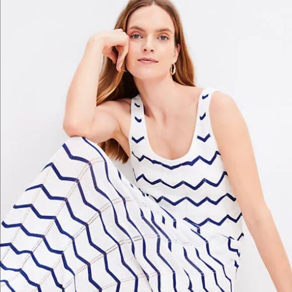LOFT - Chevron Open Stitch Sweater Tank Lined Maxi Scoop Pointelle Knit Dress XL - Picture 7 of 12